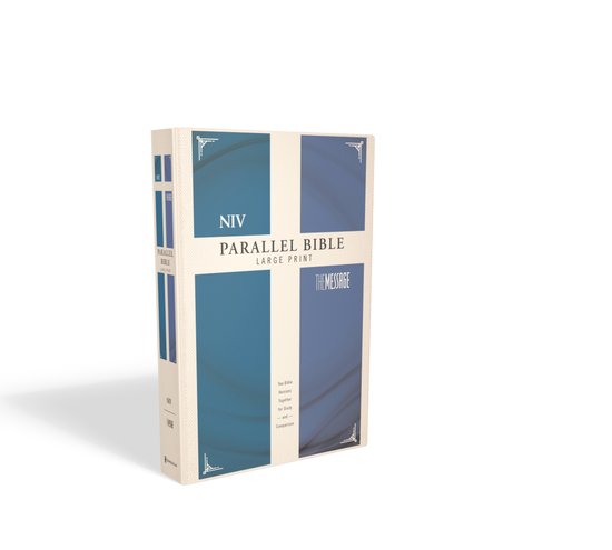 NIV Parallel Bible, Large Print, met 'The Message' vertaling. Blauwe en beige kaft met decoratieve hoekornamenten.