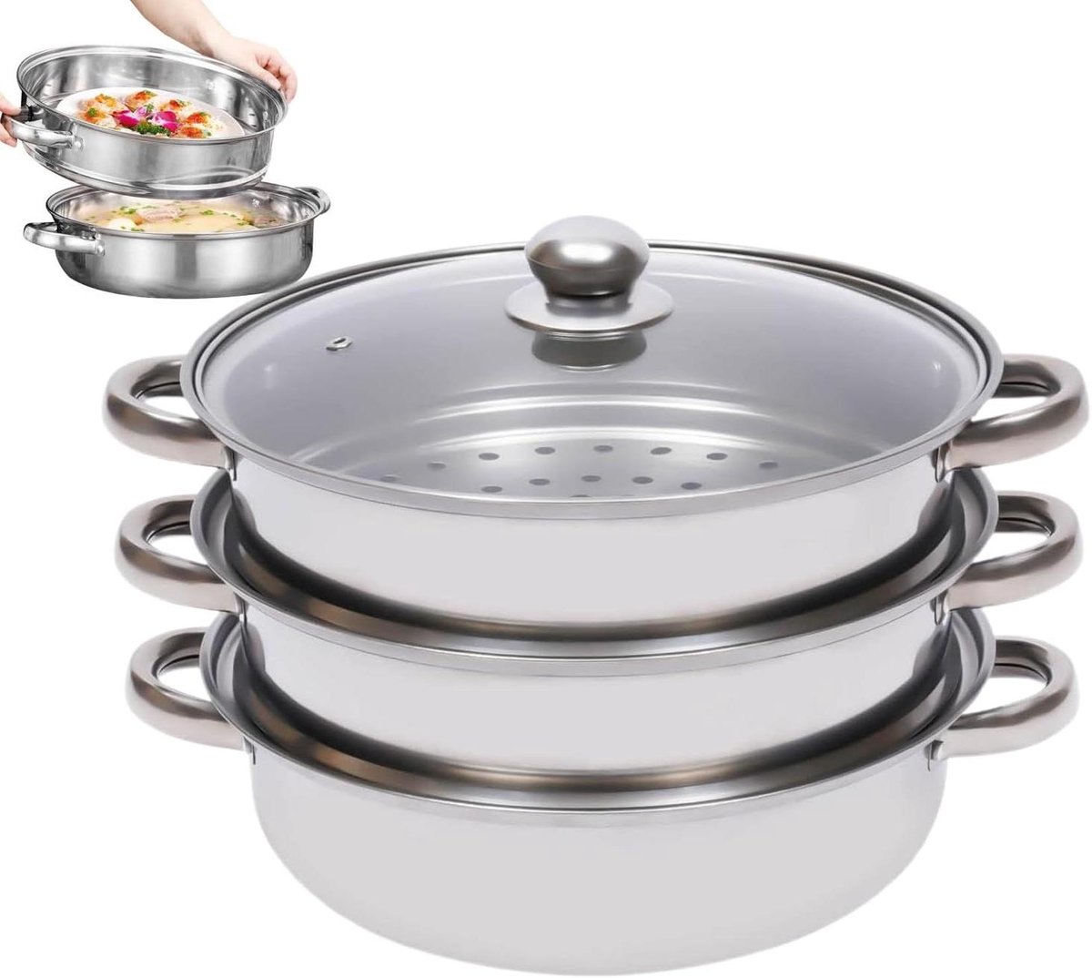 Stoompan Set - Kookgerei - Gezond Koken - Stapelbaar Ontwerp - 3 Lagen - Zilverkleurig