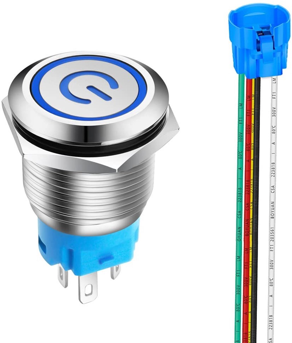 aladdien - Drukknop Schakelaar - Waterdicht - Blauw LED - 12V-24V - 5A - Voor Electronica Toepassingen
