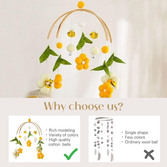 Wiegmobiel - Hangend ornament voor de wieg - Thema: bloemen en bijen - Hangend speelgoed voor de wieg - Een geweldig hulpmiddel om je baby te kalmeren, geschikt voor wiegjes — afbeelding 3