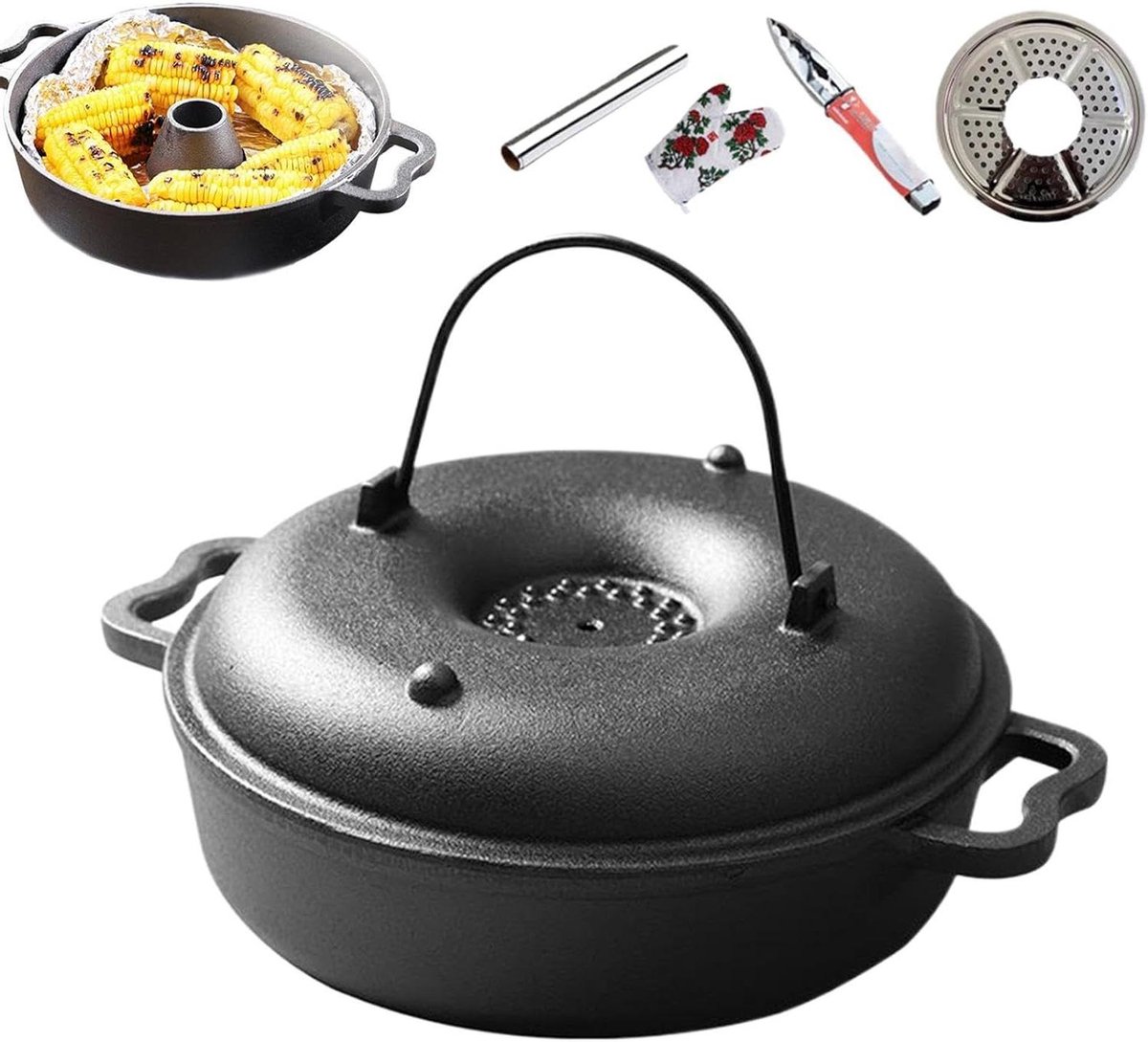 Gietijzeren Kookpan - Stoofpan met deksel - Langzaam Koken - Dubbele stoomregeling - 28 cm - Zwart