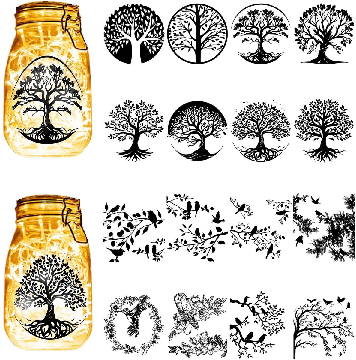 ONF3 - Levensboom Silhouetten - Decoratie ornamenten - Zwart - Scrappen en DIY - Perfect voor Kerst en Halloween - Creatieve versiering voor bin...