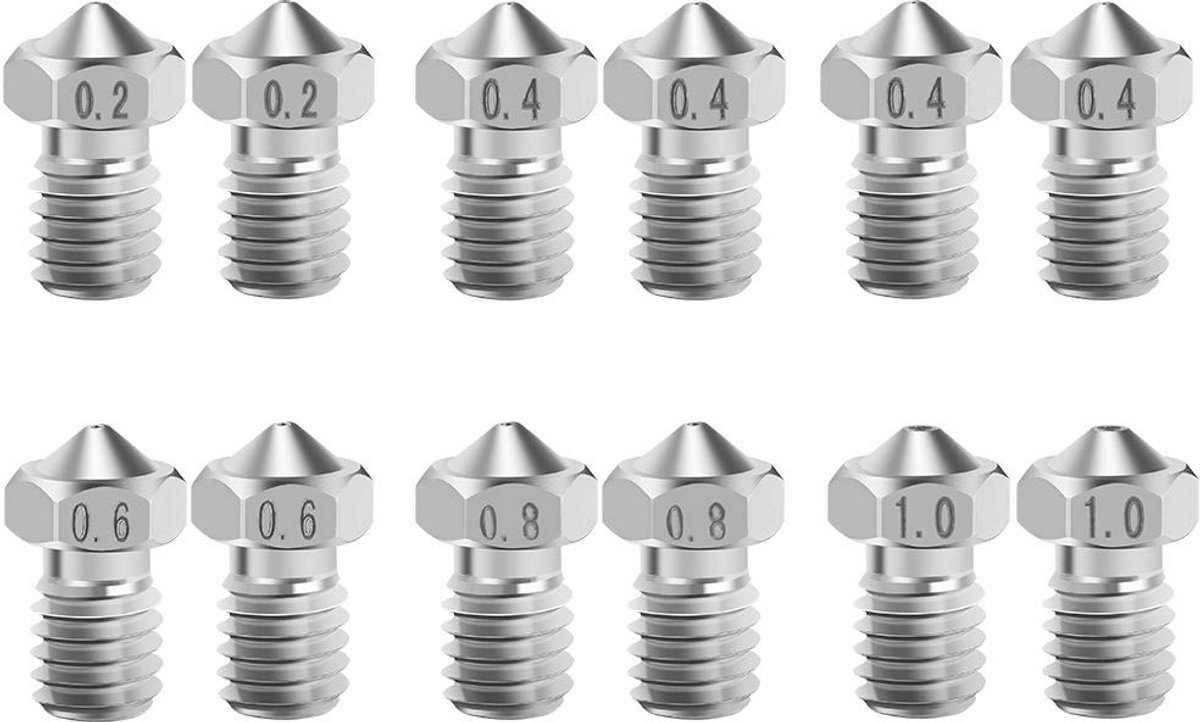 3D-printermondstuk 12 stuks extruder 3D-printer van roestvrij staal, 5 maten, 0,2 mm, 0,4 mm, 0,6 mm, 0,8 mm, 1,0 mm, voor 3D-printer E3D-V5/V6 met filament van 1,75 mm, zilver