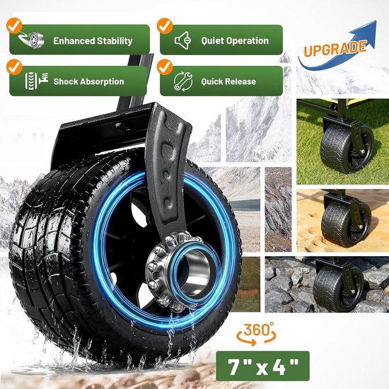 EchoSmile Bolderkar, opvouwbaar, 200 liter, 180 kg belastbaar, handwagen, transportwagen, inklapbaar met verstelbare handgreep, brede wielen, voor alle terrassen, strandwagen, tuinwagen, winkelwagen — afbeelding 3