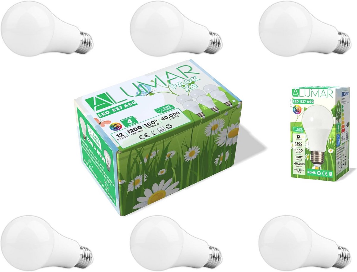 6 Stuks LED Gloeilampen E27 12W Koudwit 6500K 1200 Lumen Energiebesparend