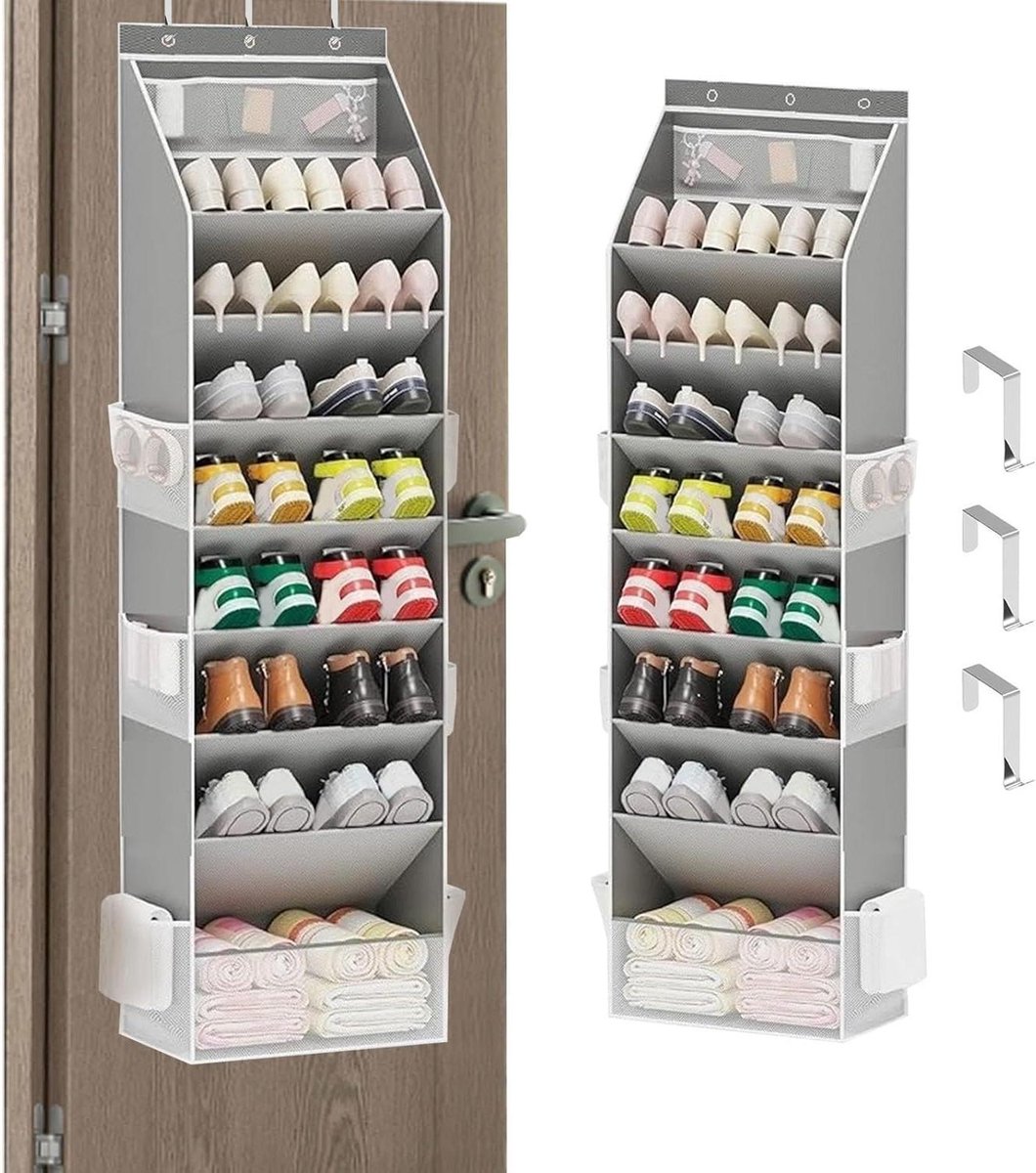 Schoenenorganizer Deur - Opberger Kast - Ruimte Besparen - 16-24 Paar Opslag - 8 Planken - Grijs