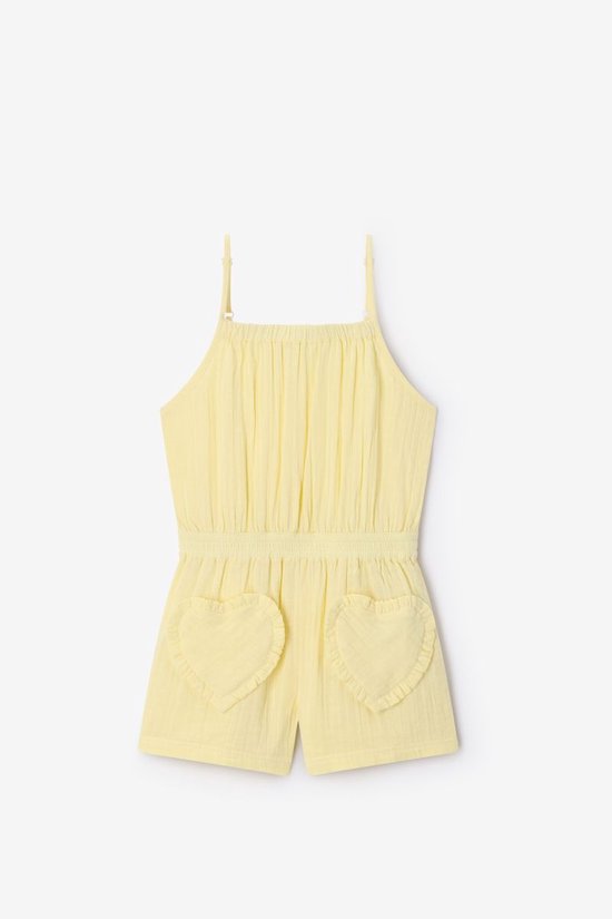 Lichtgele playsuit met spaghettibandjes, gerimpelde taille en hartvormige zakken.