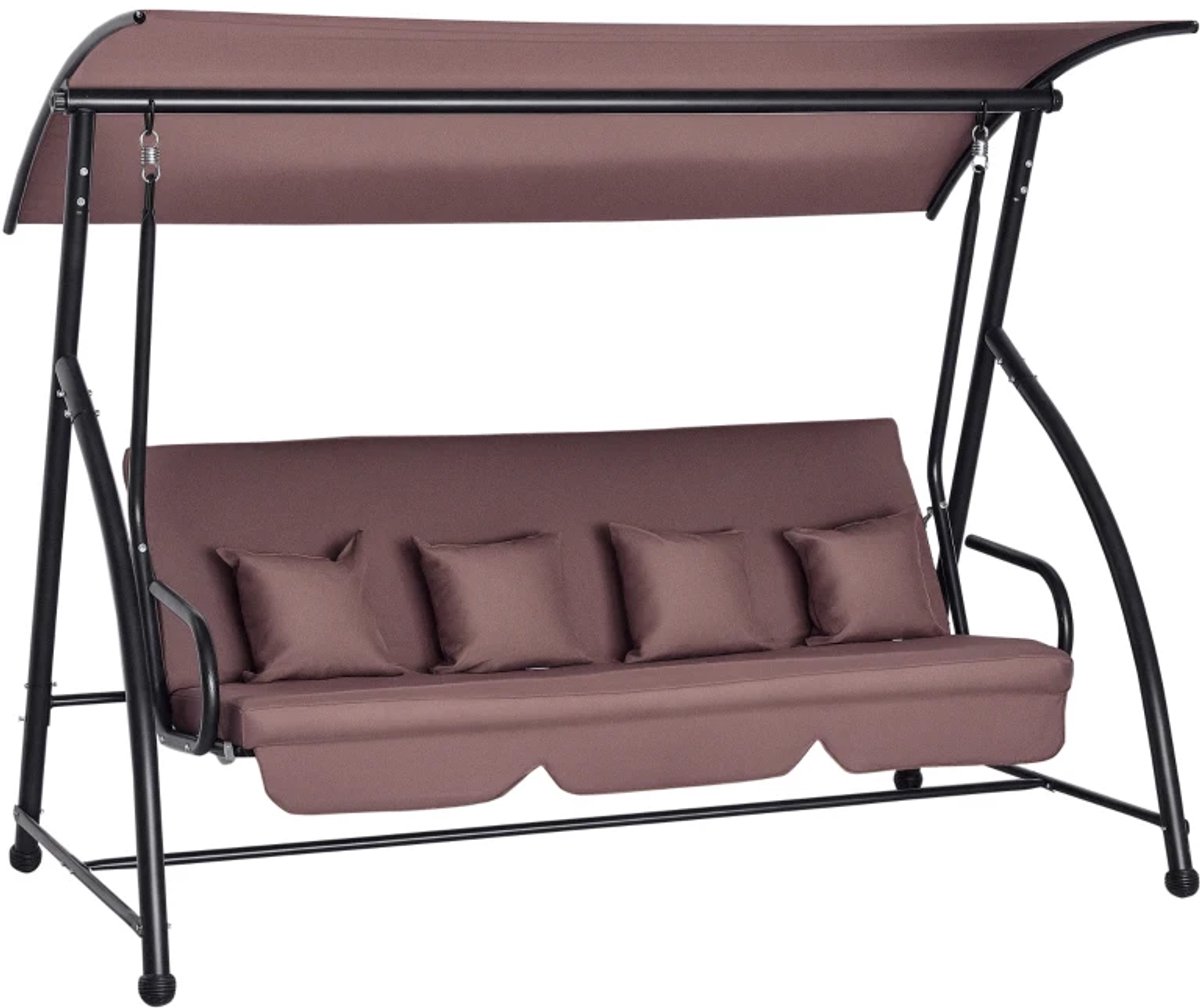 2-in-1 Hollywood Schommel - Schommelbank met Verstelbare Zonnedak, Rugleuning & Kussens - 3-zits Tuinbank - Tuinschommel 3 Personen - tot 270 kg - Schommelstoel - Tuinmeubelen - voor Tuin, Terras, Balkon - Bruin
