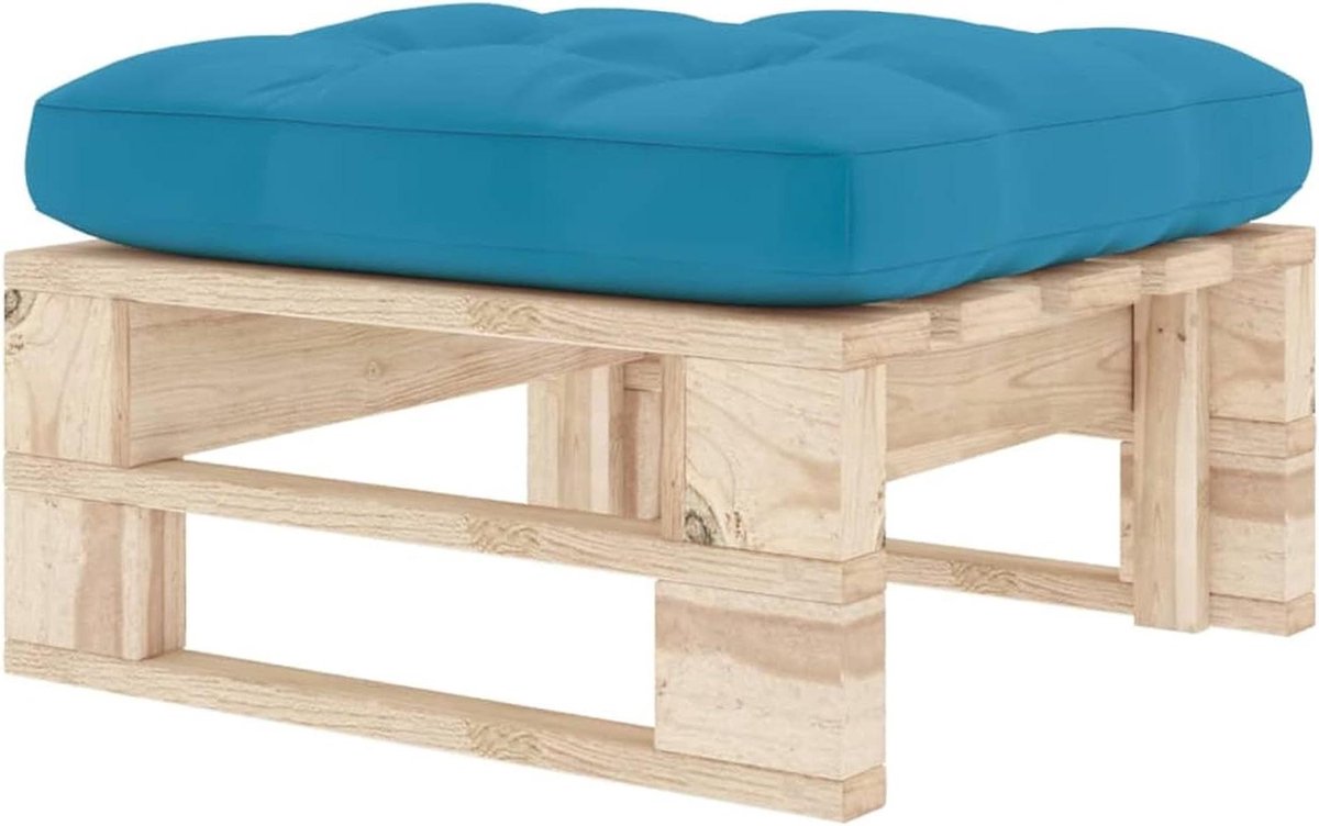 Houten Pallet Poef - Tuinpoef Kruk - Ontspannen Buiten - Geïmpregneerd Grenenhout - 60x60x25 cm - Blauw Kussen