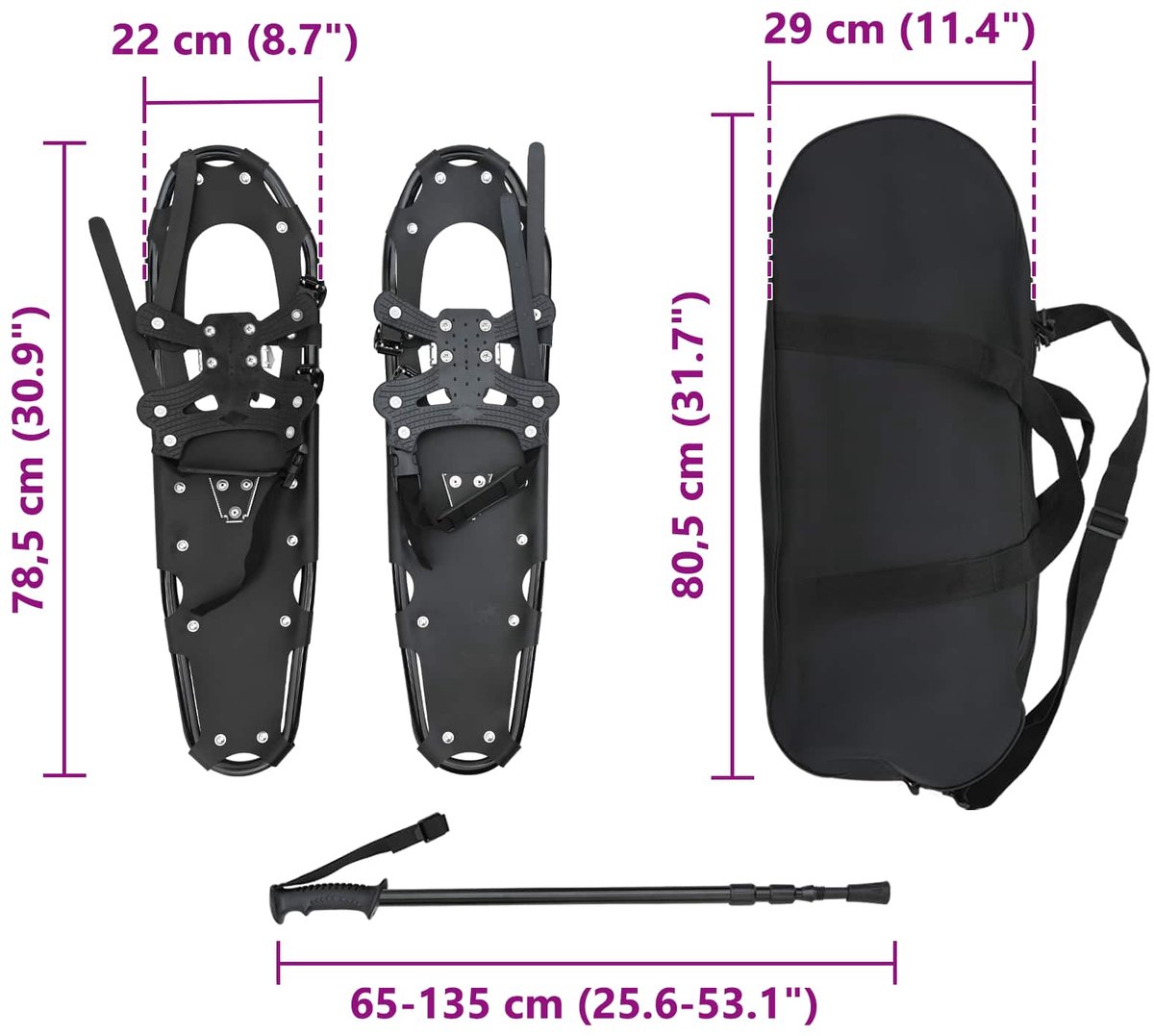 vidaXL 3 in 1 sneeuwschoenen met wandelstokken – 78 5 x 22 cm Zwart