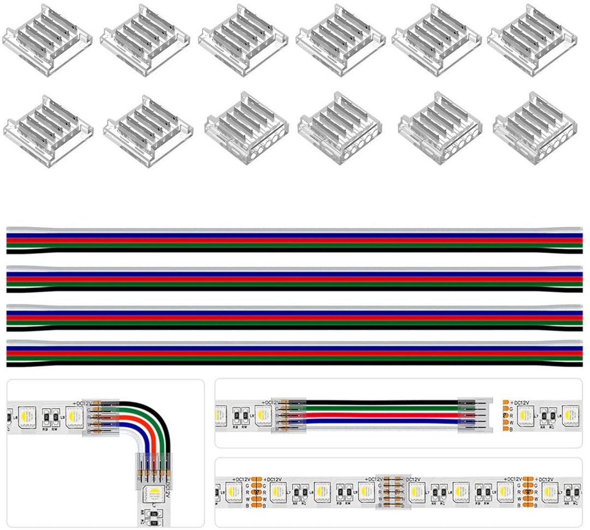 aladdien - 5pin Connector kit - LED Verlengkabel - Transparant - 12mm - Connectoren voor RGBW5050 - Voor binnenshuis gebruik - 15 cm
