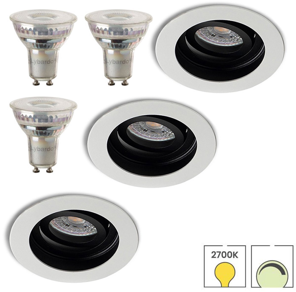 Lybardo - Inbouwspots 3-pack - Kantelbaar + LED Spot 5.5W - Dimbaar - Warmwit Licht