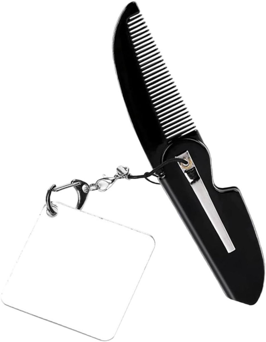 Vouwbare Pocketkam - Baardkam Spiegel - Reis Accessoire - Met Sleutelhanger - 12 cm - Zwart