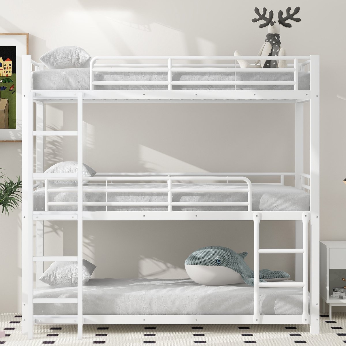 intebiki kinderbed - stapelbed - 90x200cm - Driepersoons stapelbed - Metalen bedframe - Geschikt voor kinderen, tieners en volwassenen - Wit - Matras niet inbegrepen