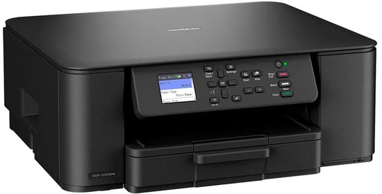 Zwarte Brother DCP-J1310W multifunctionele printer, schuin van de zijkant, met display en papierlade.