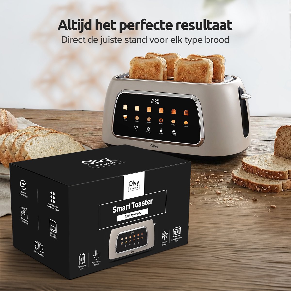 Olvy Broodrooster XL - Lange Sleuven - Timerfunctie - LCD Display - Kruimellade - Toaster - 1500W - Ontdooien & Opwarmen - Beige thumbnail 5