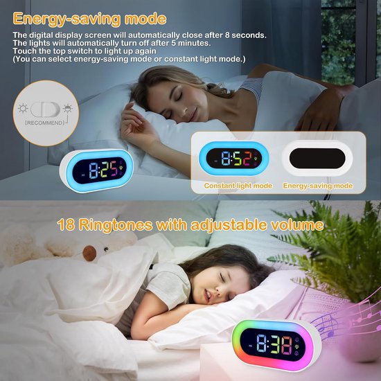 Digitale Wekker - Kinderwekker Nachtlampje - Kinderkamer Inrichten - RGB Verlichting 18 Melodieën - USB Oplaadbaar - Wit — afbeelding 3