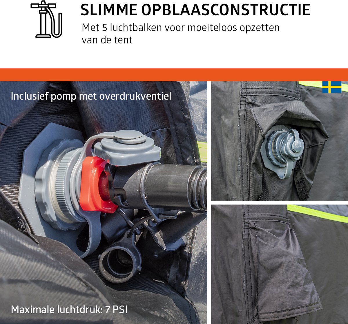 Campout 6 Persoons Opblaasbare Tunneltent Familietent – 3 Slaapcabines – 5000 mm Waterdicht – Grote Leefruimte – Incl. Pomp & Luifel – foto 8