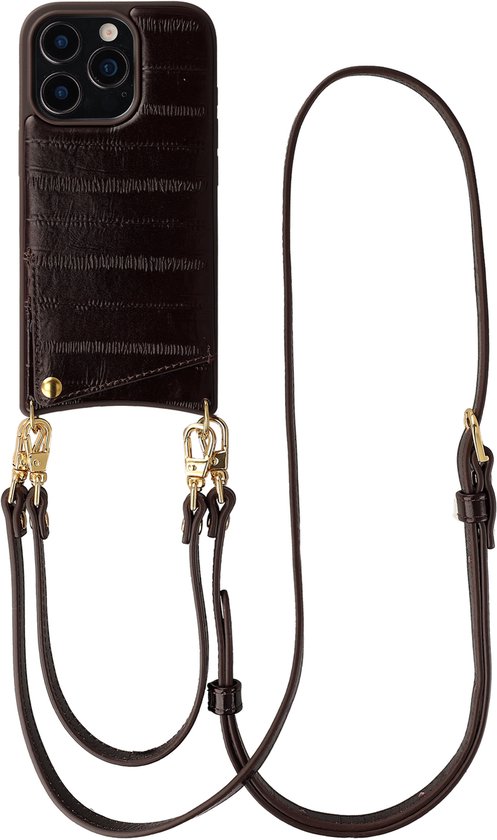 Coque marron foncé à imprimé crocodile avec cordon réglable et clips dorés.