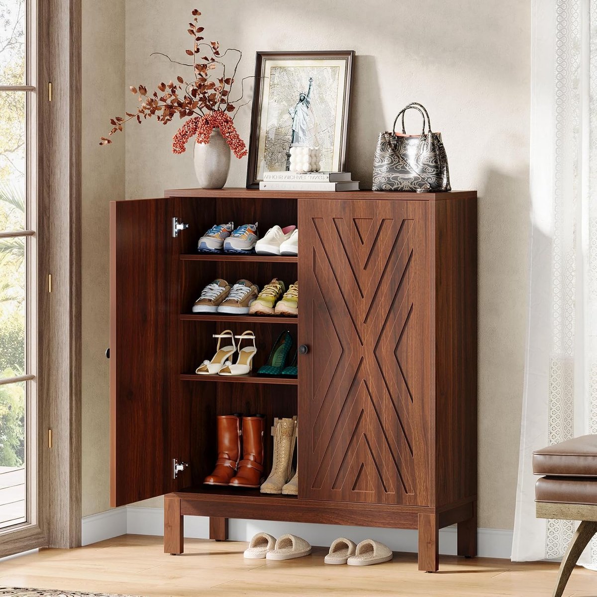 Schoenenkast met 2 Deuren – House&Garden Industrieel Design Schoenenkast 90 cm Breed – 5 Verstelbare Legplanken, Ruimte voor 20 Paar Schoenen – Smalle Hal Kast 110 cm Hoog – Walnoot Houtlook Schoenenrek voor Entree & Woonkamer