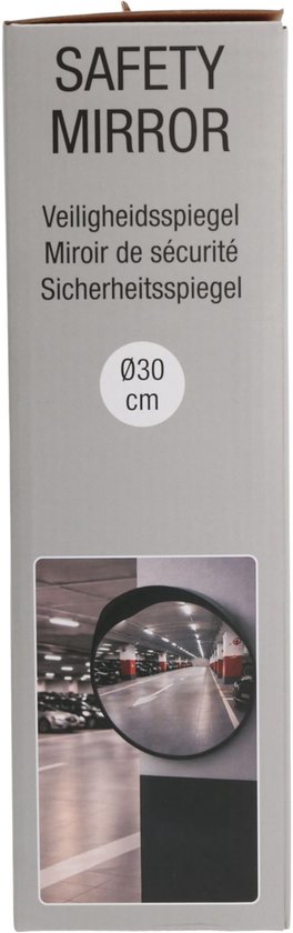 Côté de l'emballage d'un miroir de sécurité avec informations sur le produit et une image d'un parking.