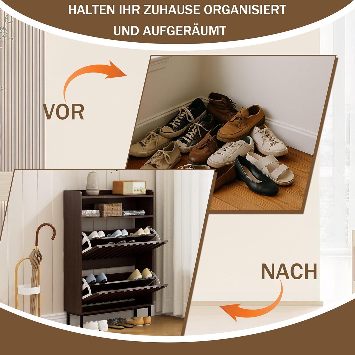 Schoenenkast – House&Garden smalle schoenenkast met 2 kantelbare kleppen en verstelbare scheidingswanden – 80x24x112 cm – donkerbruin industriële hal schoenen opbergkast met anti-kantel beveiliging – compacte schoenkast voor entree, hal en woonkamer