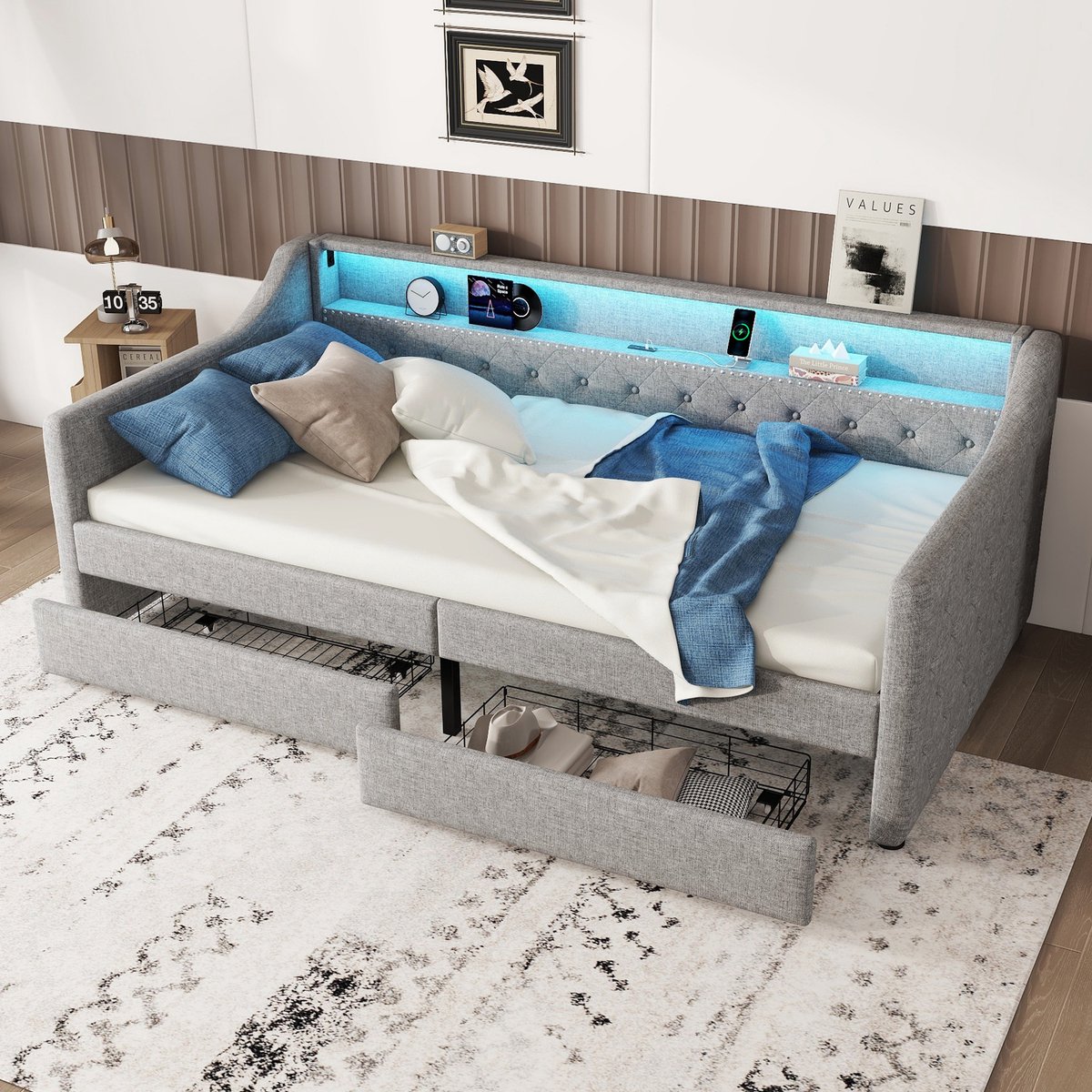 DESMIU Dagbed 90 x 200 cm – Slaapbank Met Sfeerverlichting En Laadfunctie – Met 2 Lades Voor Slimme Opbergruimte – Voor Slaapkamer – Linnen – Grijs – Zonder Matras
