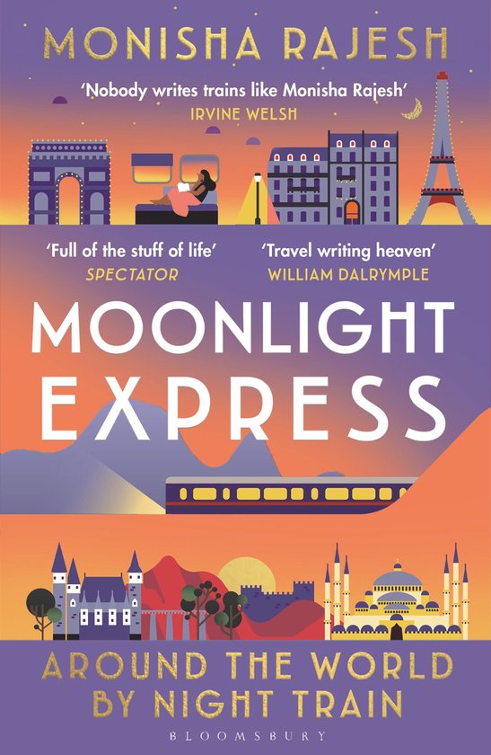 Livre "Moonlight Express" avec des images de la Tour Eiffel, de l'Arc de Triomphe et d'Istanbul. Un train traverse un paysage de montagne.