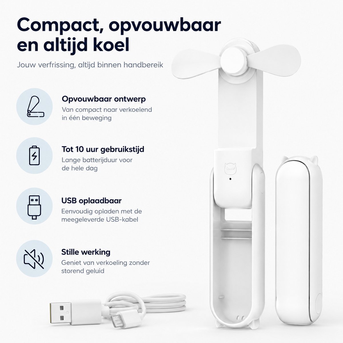 Handventilator oplaadbaar - Wit - 3 standen - Hand Ventilator usb - Mini Bureau Waaiers Gezichtsventilator - Portable fan opvliegers Mini ventilator usb Halsventilator - Draagbare ventilator — afbeelding 5