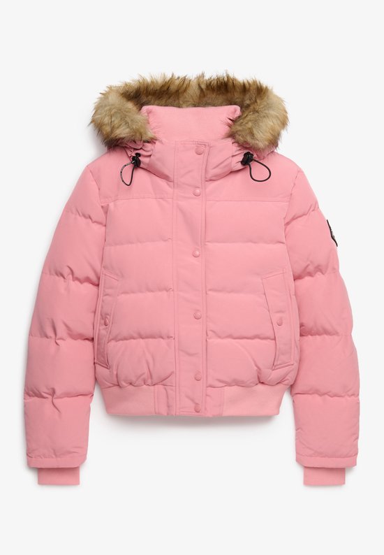 Roze Superdry bomberjack met capuchon, bontkraag en rits.