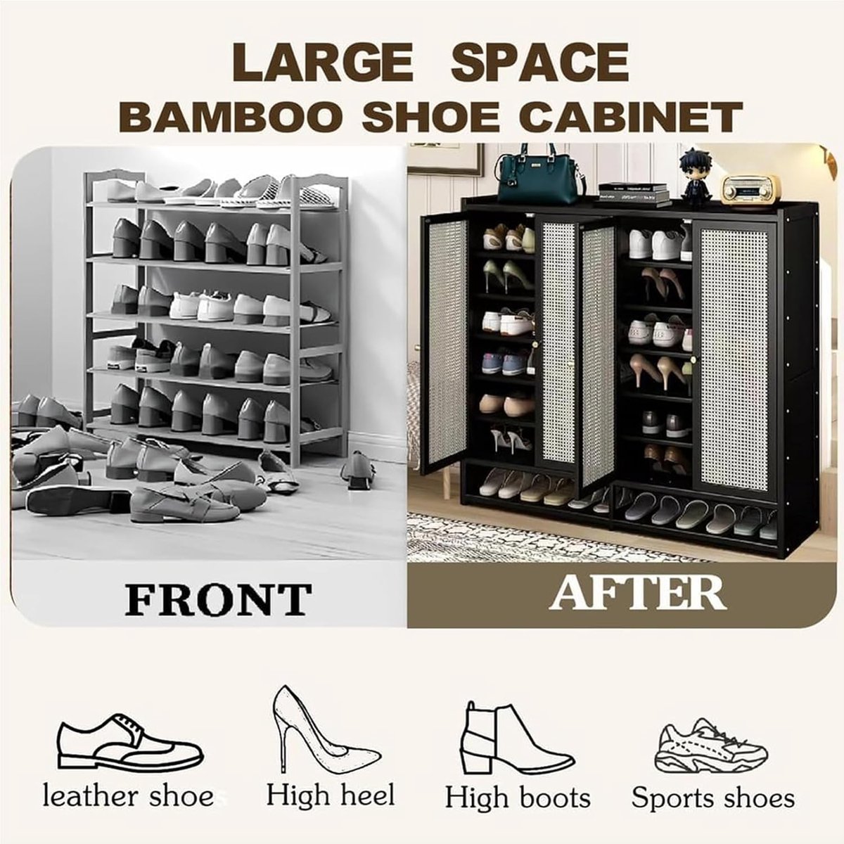 Schoenenkast van Bamboe – Smalle Moderne Schoenenkast met Vlechtdeuren en Meerdere Opbergvakken – Multifunctionele Schoenenorganizer voor Hal, Entree, Slaapkamer en Woonkamer – House&Garden