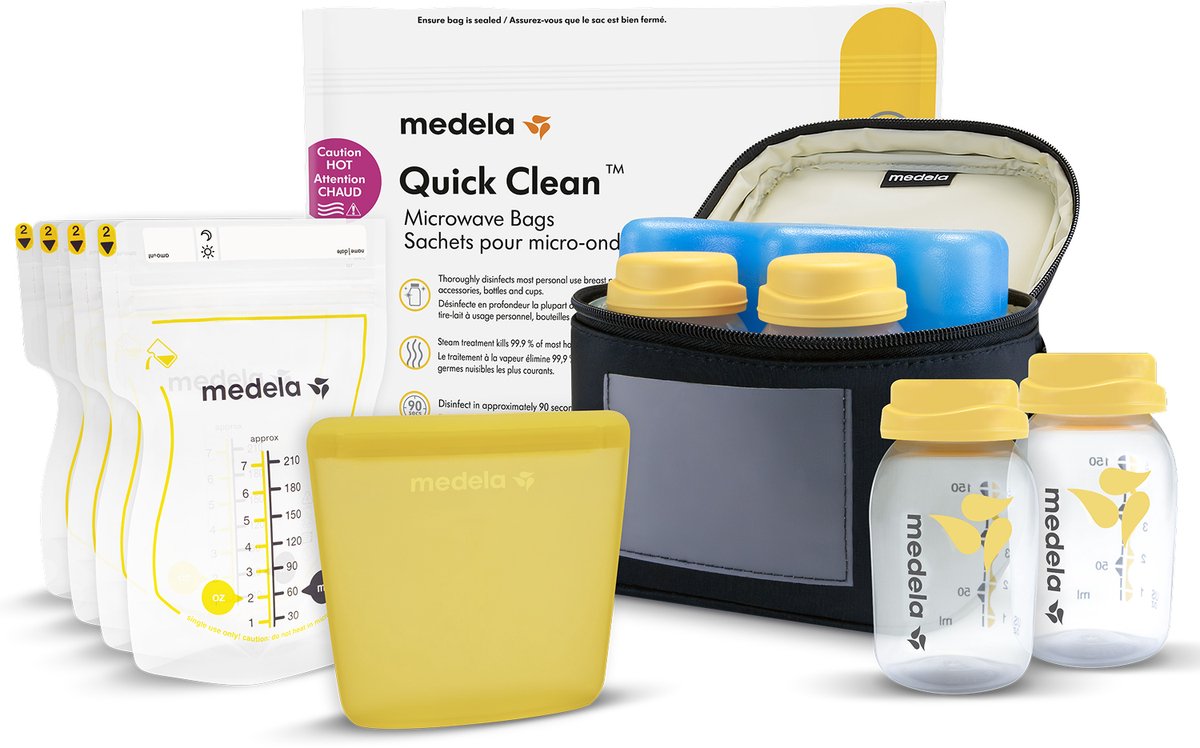 Medela Alles-in-één moedermelkbewaarset met 150 ml Flesjes, Moedermelkbewaarzakjes met schenktuit & Herbruikbare bewaarzakjes, Quick Clean magnetronsterilisatiezakje en Koeltas met gevormd koelelement.