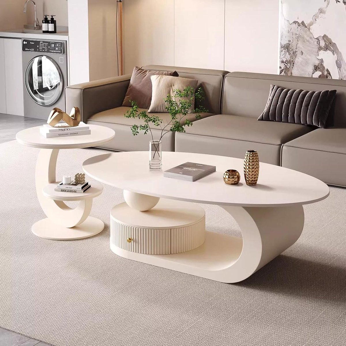 Salontafel Set 100 cm met Verborgen Opbergruimte en Bijzettafel - Ovale Houten Couchtafel met Stalen Frame - Moderne Woonkamertafel voor Kleine Ruimtes - A - Mobili Bella