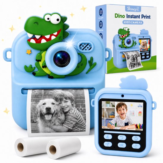 Blauwe dinosaurus camera met opgerolde prints en een smartphone, met foto van jongen en hond.
