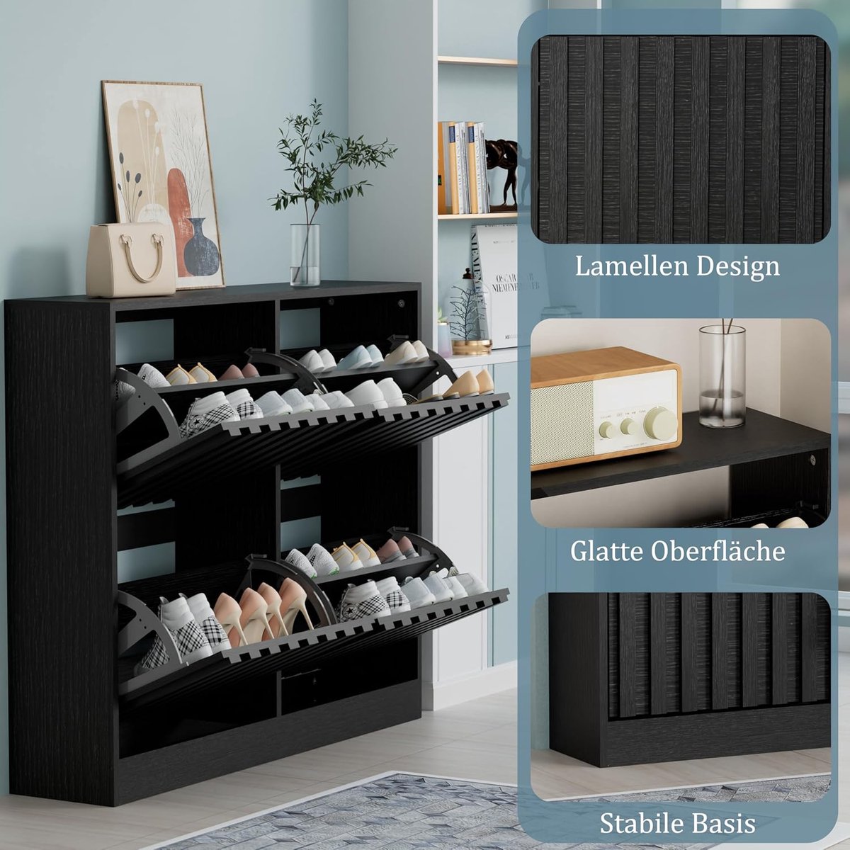 Schoenenkast smal zwart met 4 kleppen en lade - House&Garden - 102x24x86,5 cm - industriële schoenenkast hal - 16-24 paar schoenen - MDF/metaal - anti-kantel schoenenkast met verstelbare scheiding