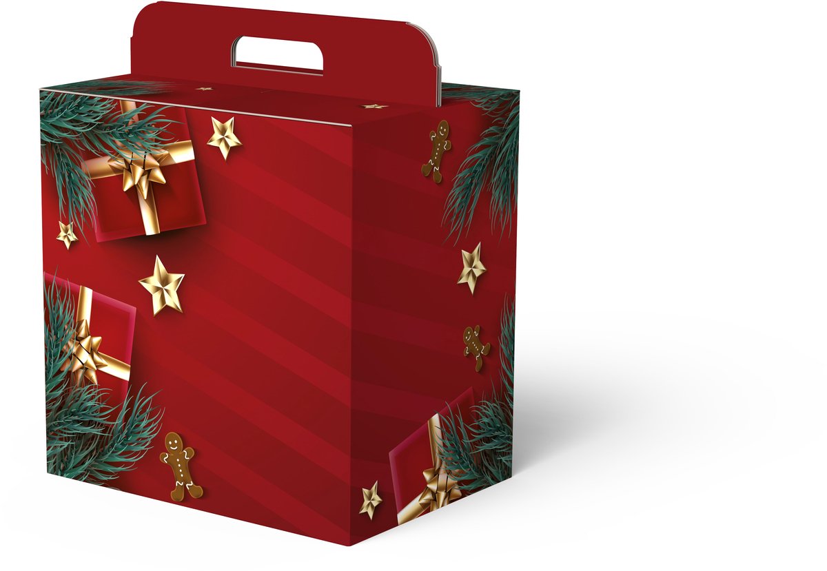 Geschenkdoos / Kerstpakketdoos met handvat - 32,7 x 21 x 11,5 cm - rood kerst karton - 10 stuks