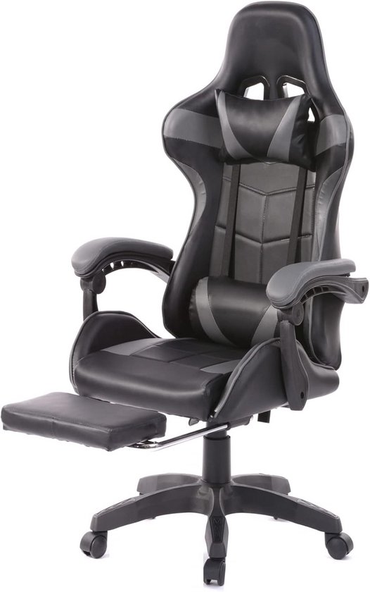 Gamestoel met voetsteun - Bureaustoel race - Comfortabel werken gamen - Ergonomisch ontwerp - 83 cm hoog - Zwart grijs — afbeelding 4