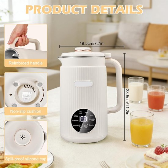 Notenmelkmaker, 1200 ml, automatische zelfreiniging, 8-in-1, met timer, geschikt voor havermelk, amandelmelk, sojamelk en vruchtensap, wit. — afbeelding 5