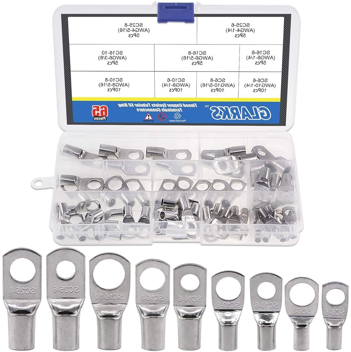 65 Stuks Kabelschoenen Set, Zware Accuschoenen, Getiniseerde Koper, Ringkabelschoenen en Tubeschoen Ogen