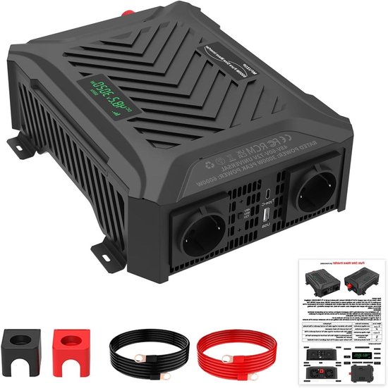 Zuivere Sinus Omvormer - Spanningsomvormer 12V 230V - Mobiele Energievoorziening - Drie Omschakelbare Ingangsspanningen - 3000 Watt - Oranje