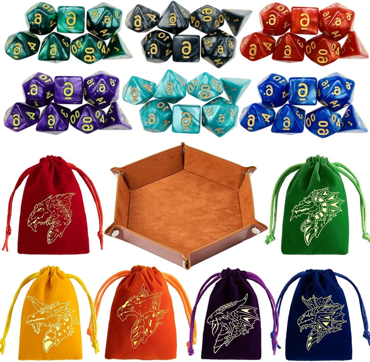 Veelvlakse Dobbelstenen Set - RPG Dobbelstenen - Tafelspellen Spelen - 42 Stuks Inclusief Zakjes - 30.5 x 15.2 cm