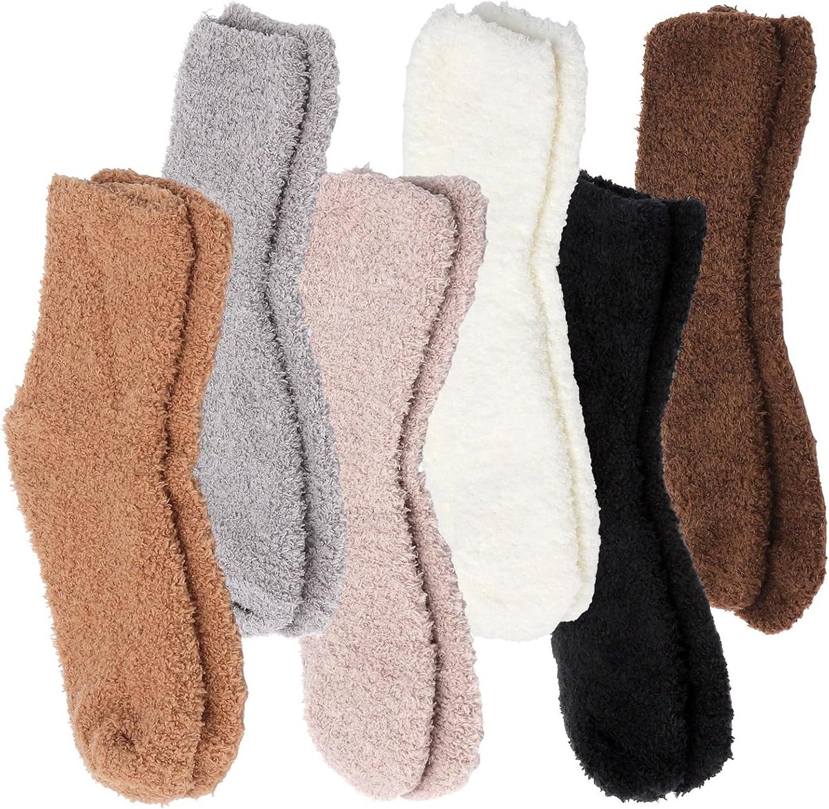 Dames Cuddly Sokken - Huissokken Slaapsokken - Warm Voeten Houden - Dik Coral Fleece - 6 Paar - Zwart Beige