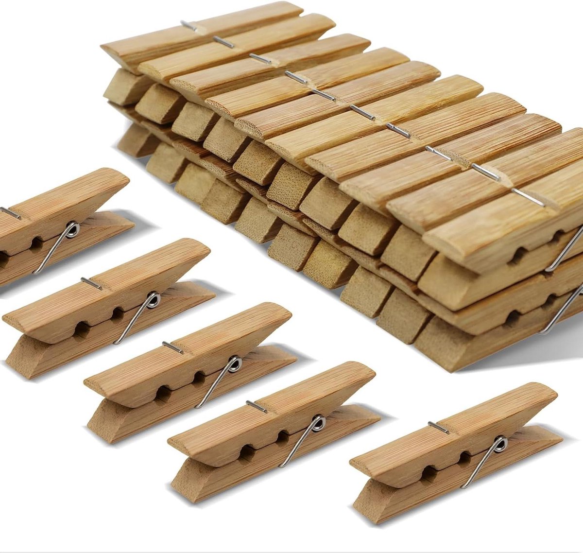 Wasknijpers Bamboe - Houten Clips - Kleding Ophangen - Roestbestendige Veer - 6.5 cm - Bruin