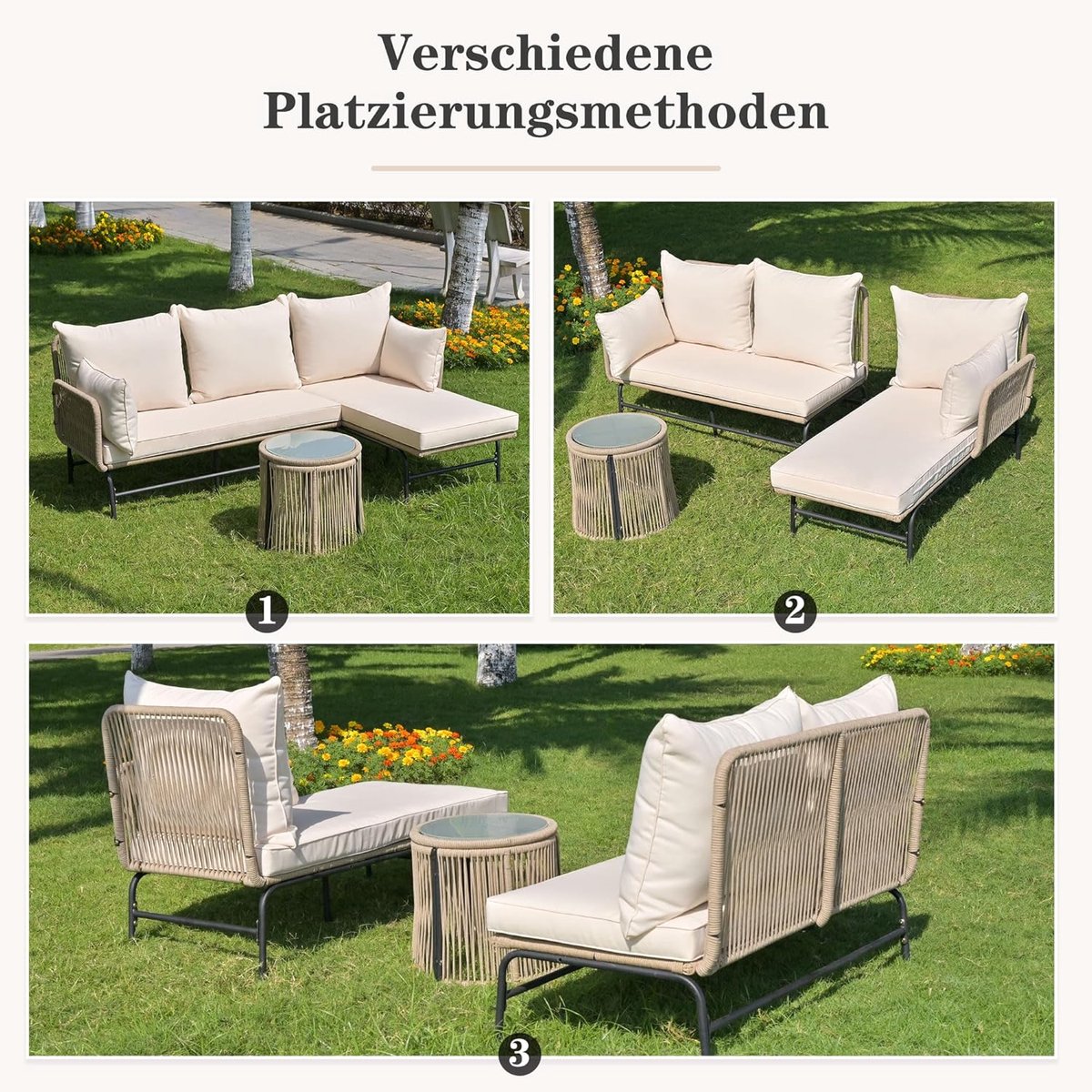 4-zits Tuin Loungeset met Salontafel L-vorm – Weerbestendig Touwvlechtwerk, Inclusief Dikke Kussens & Verstelbare Poten – Beige – Laura