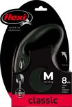 Verpakking van een zwarte Flexi New Classic M rolriem, 8m koord, voor honden tot 20 kg.