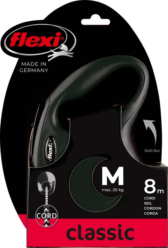 Verpakking van een zwarte Flexi New Classic M rolriem, 8m koord, voor honden tot 20 kg.