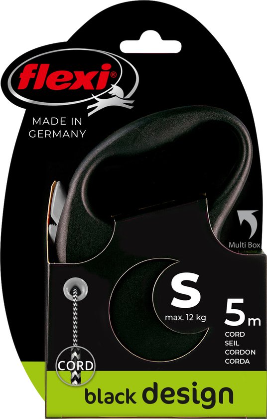 Flexi Black Design rolriem, maat S, 5m, max. 12kg. Gemaakt in Duitsland.