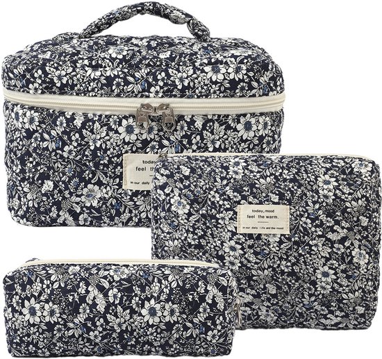Set van 3 Make-up Tasjes Gewatteerd Bloemen Katoen – Grote Capaciteit Esthetische Cosmetische Tas & Toilettas voor Vrouwen – Reistas Organizer met Ritssluiting -Zwarte roos, 3-delige set [Groot + Medium + Klein]