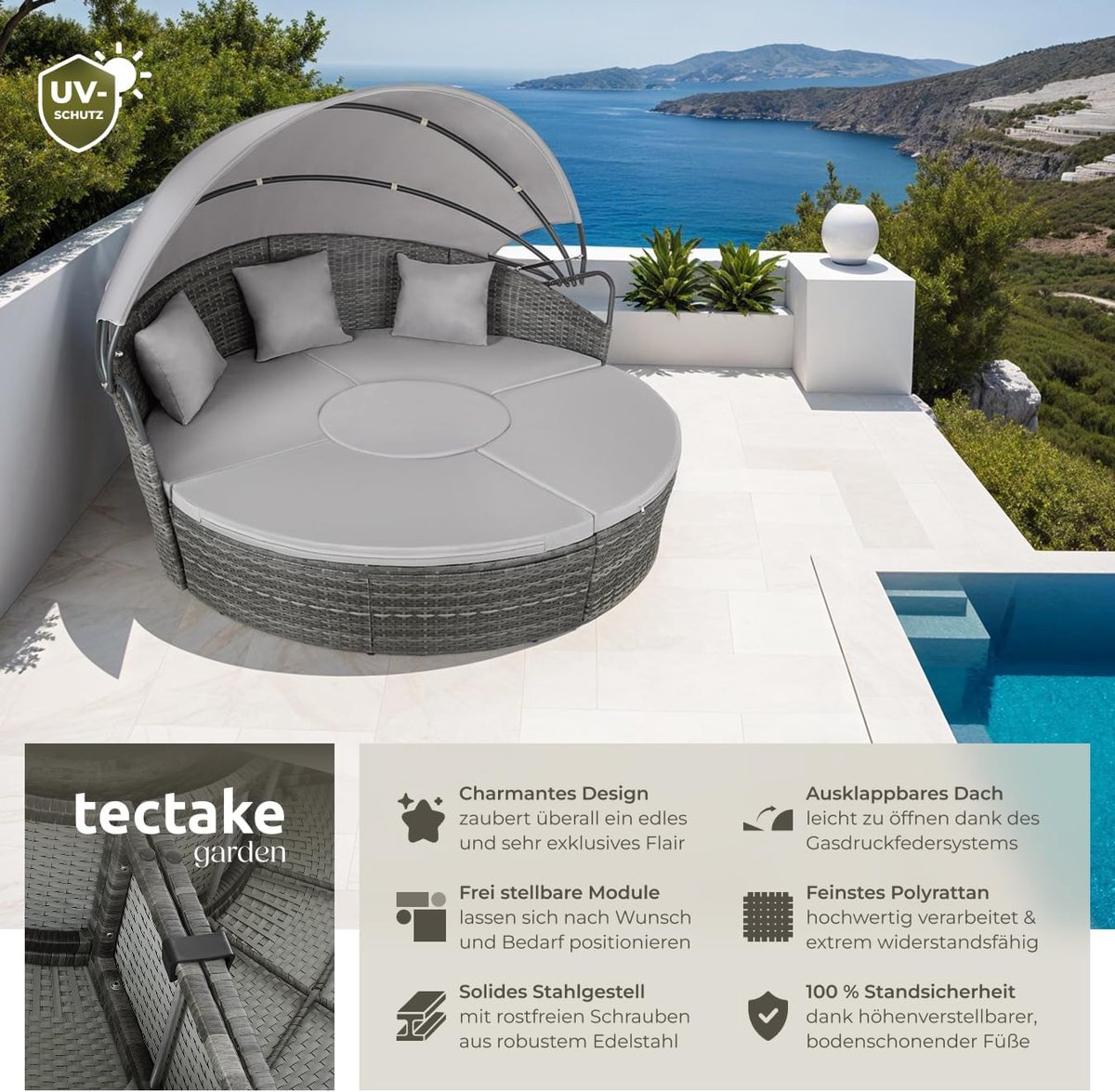 Zonne-eiland Lounge 210 cm – Luxe Polyrotan Outdoor Ligbed met LED-verlichting & Zonnepaneel – Weerbestendig Tuin Daybed met Kussens & Afdekhoes – 2 Personen Zonnebed – Grijs – abtkantoor