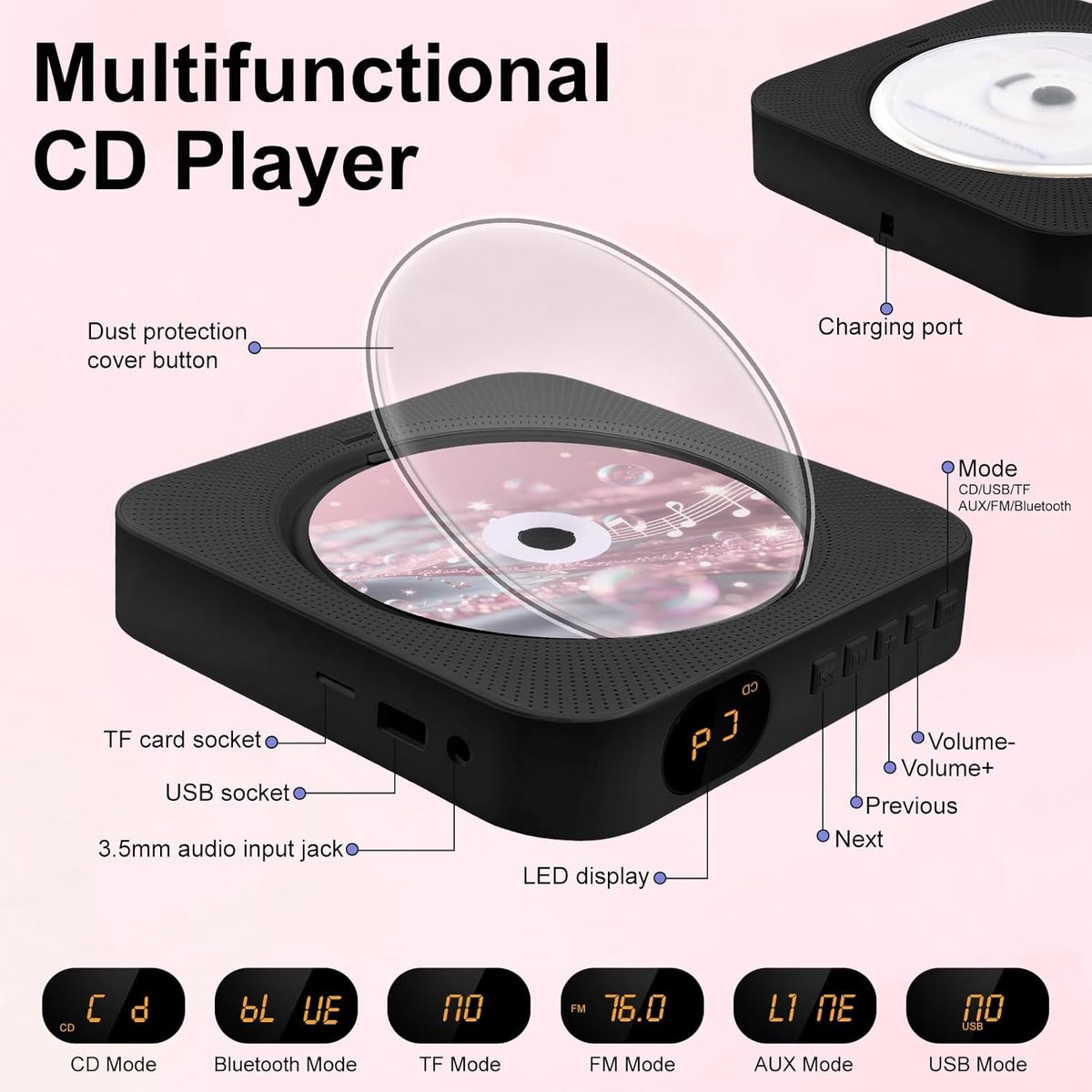 KZQ Bluetooth-speler - CD-speler met radiofunctie - Bluetooth CD-speler - FM-radio - Wandmontage mogelijk - Inclusief afstandsbediening - Ondersteunt CD/AUX/USB-ingang - Zwart thumbnail 6